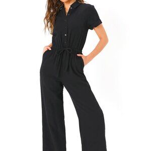 Black Button-Front Jumpsuit - Casual & Chic | Short Sleeve Utility Style